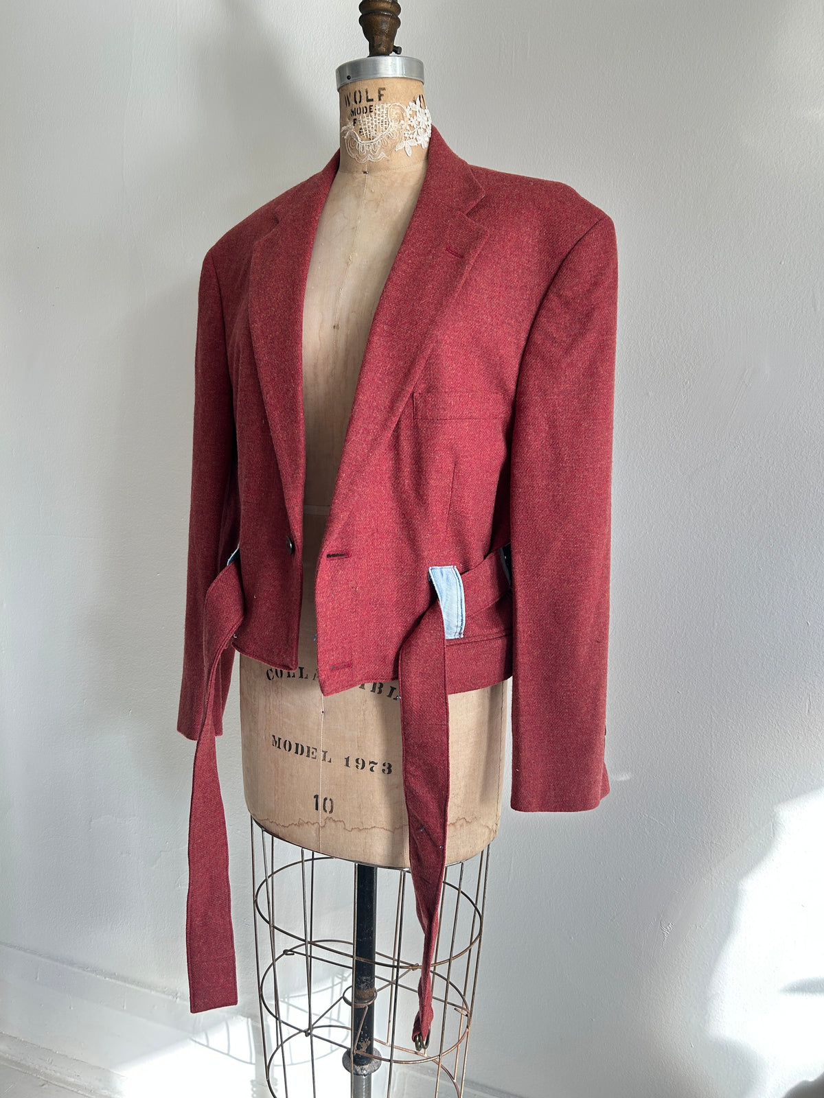 Cropped Upcycled Stafford LambsWool Blazer with Denim Belt Size L/XL #BLAZLXL3