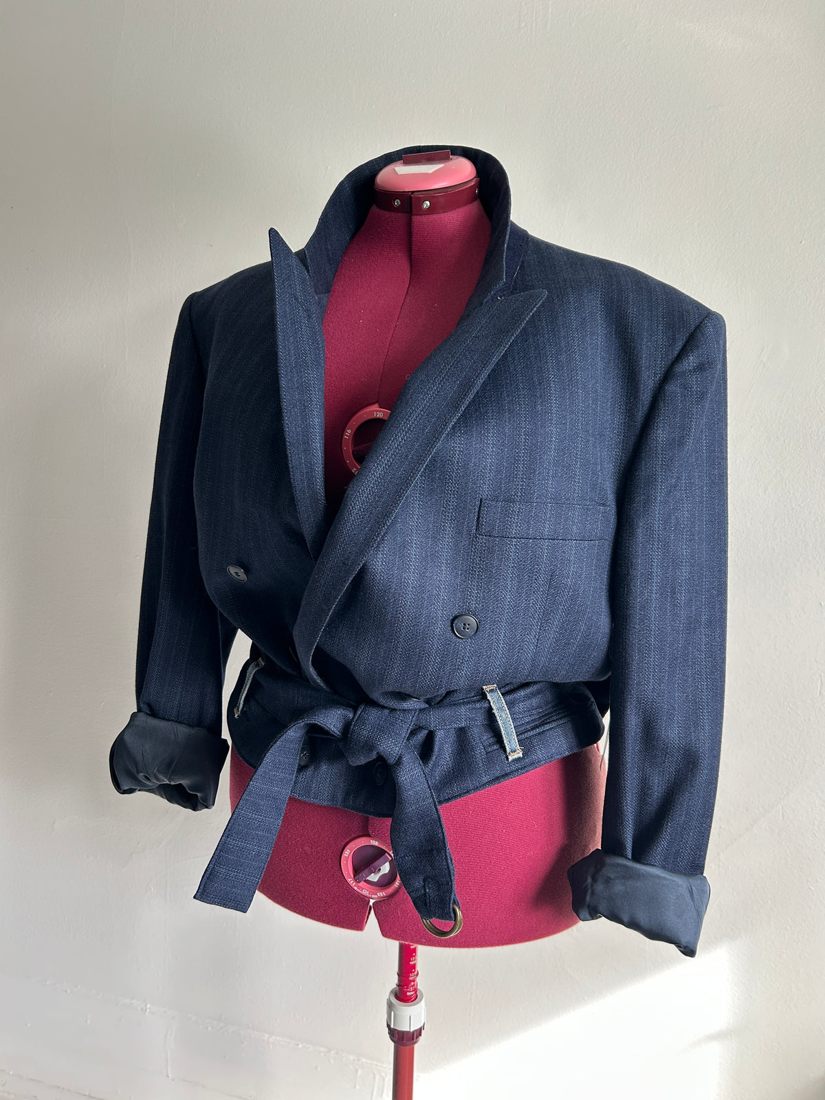 Cropped Upcycled Bellissimo Virgin Wool Blazer with Denim Belt Size 2X/3X #BLAZ23X6