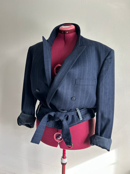 Cropped Upcycled Bellissimo Virgin Wool Blazer with Denim Belt Size 2X/3X #BLAZ23X6