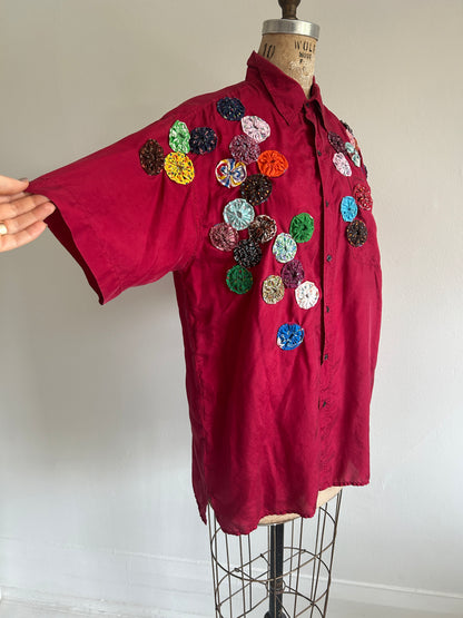 Vintage Silk Blouse with YoYo Quilt Appliqué Size M/L #YOYO3