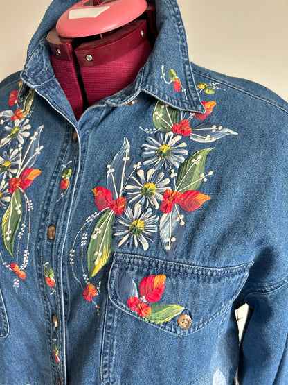 Upcycled Modern Workwear Denim Shirt - Circle Series with hand painting Size XL/2X #DEN1