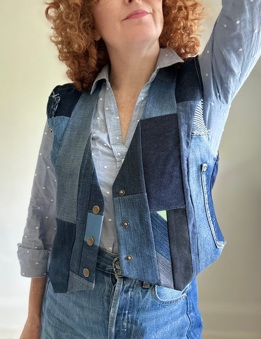 Leni Reclaimed Patchwork Denim Vest with Cotton Lining M/L #LENI6