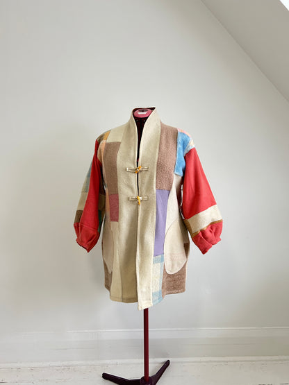 Vivianne Jacket with Upcycled Vintage Wool Patchworked Blanket & Leather & Wooden Toggles Size XL/2X #CVJWX2X31