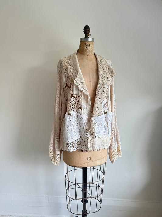 Vivianne Cropped Jacket Upcycled Cotton Crochet & vintage Lace Size XL/2X #VIVCR14