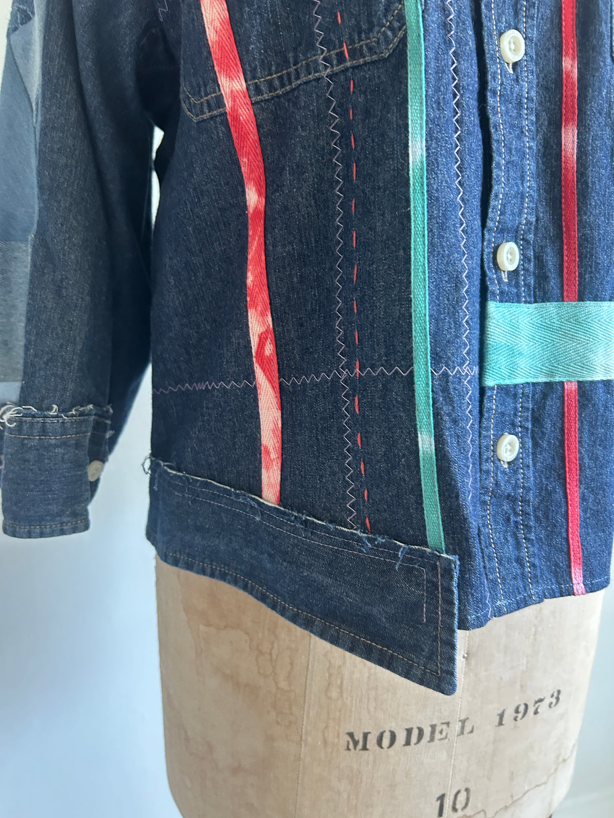 Ellis Reclaimed Patchwork Denim Shirt with Handstitching & Hand Dyed Twill Ribbon L/XL #ELL2