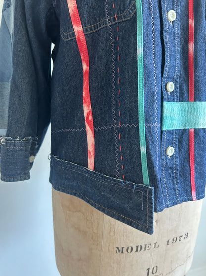 Ellis Reclaimed Patchwork Denim Shirt with Handstitching & Hand Dyed Twill Ribbon L/XL #ELL2