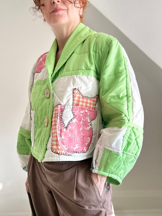 Vivianne Cropped Jacket Upcycled Vintage Handmade Cat Quilt  Size M/L #VIVQ11