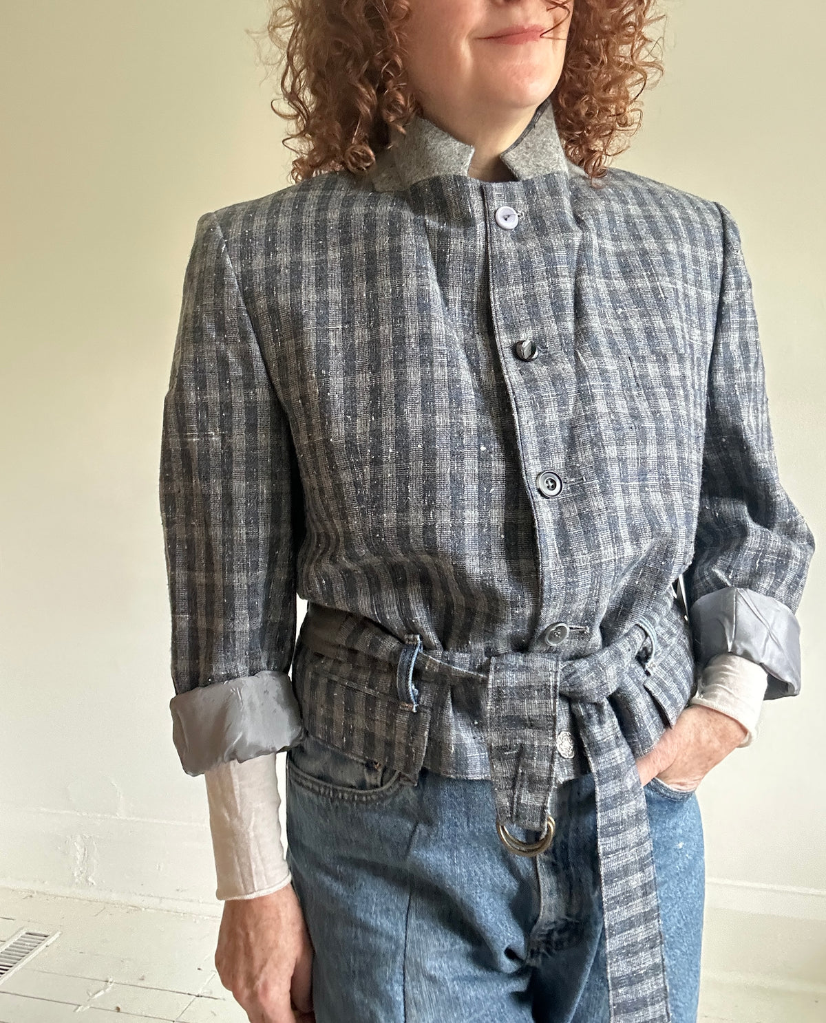 Cropped Upcycled Profile Blazer with Denim Belt Size S/M #BLAZSM7