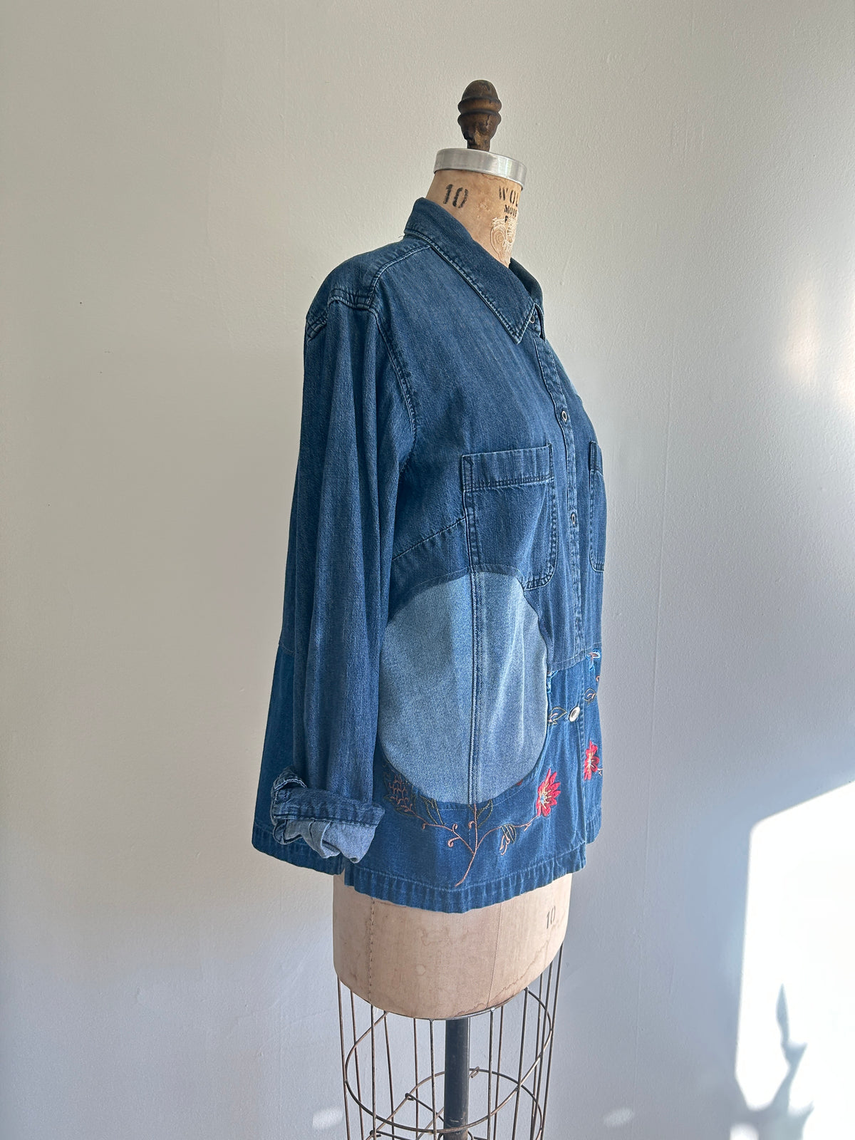 Upcycled Modern Workwear Denim Shirt - Circle Series Size L/XL #DENLXL1