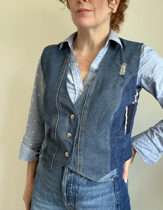 Leni Reclaimed Patchwork Denim Vest with Cotton Lining M/L #LENI7