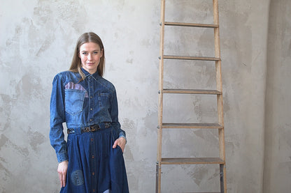 Upcycled Modern Workwear Denim Shirt - Circle Series Size M/L #DBML6