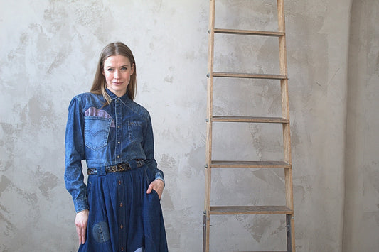 Upcycled Modern Workwear Denim Shirt - Circle Series Size M/L #DBML6