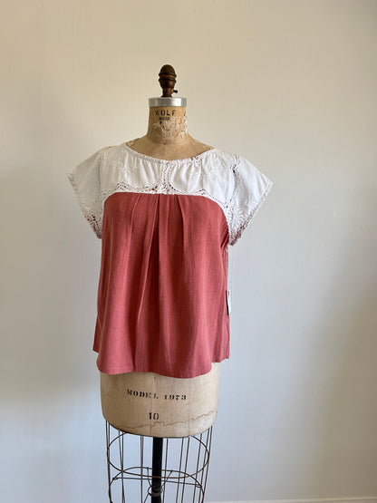 Peony Top - One of a Kind Upcycled Vintage Cut Lace Cotton & Linen Size L #PEO25
