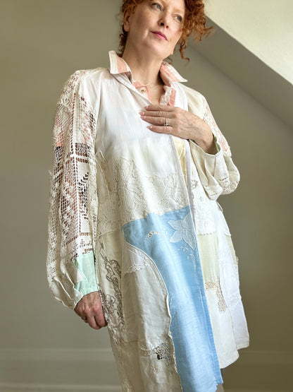 Upcycled Vintage Linen & Cotton Napkin & Crochet Patchwork Vivianne Blazer Size XL/2X #VIVC27