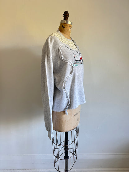 Ruffled & Lace Upcycled Needlepoint ‘90s Sweatshirt XS/S #SWRL6