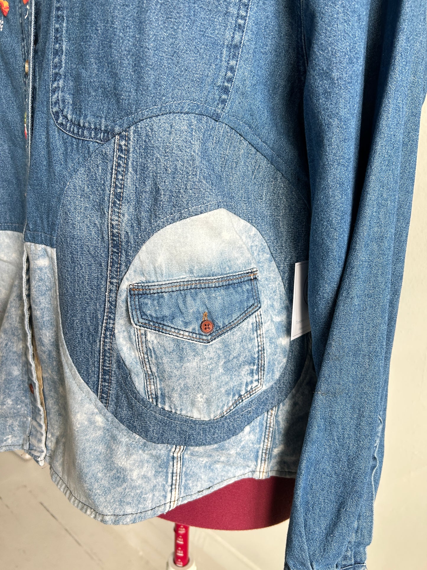 Upcycled Modern Workwear Denim Shirt - Circle Series with hand painting Size XL/2X #DEN1