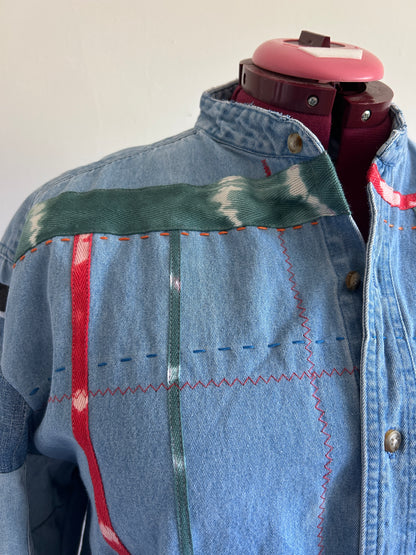 Ellis Reclaimed Patchwork Wrangler Denim Shirt with Handstitching & Hand Dyed Twill Ribbon 2X/3X #ELL6