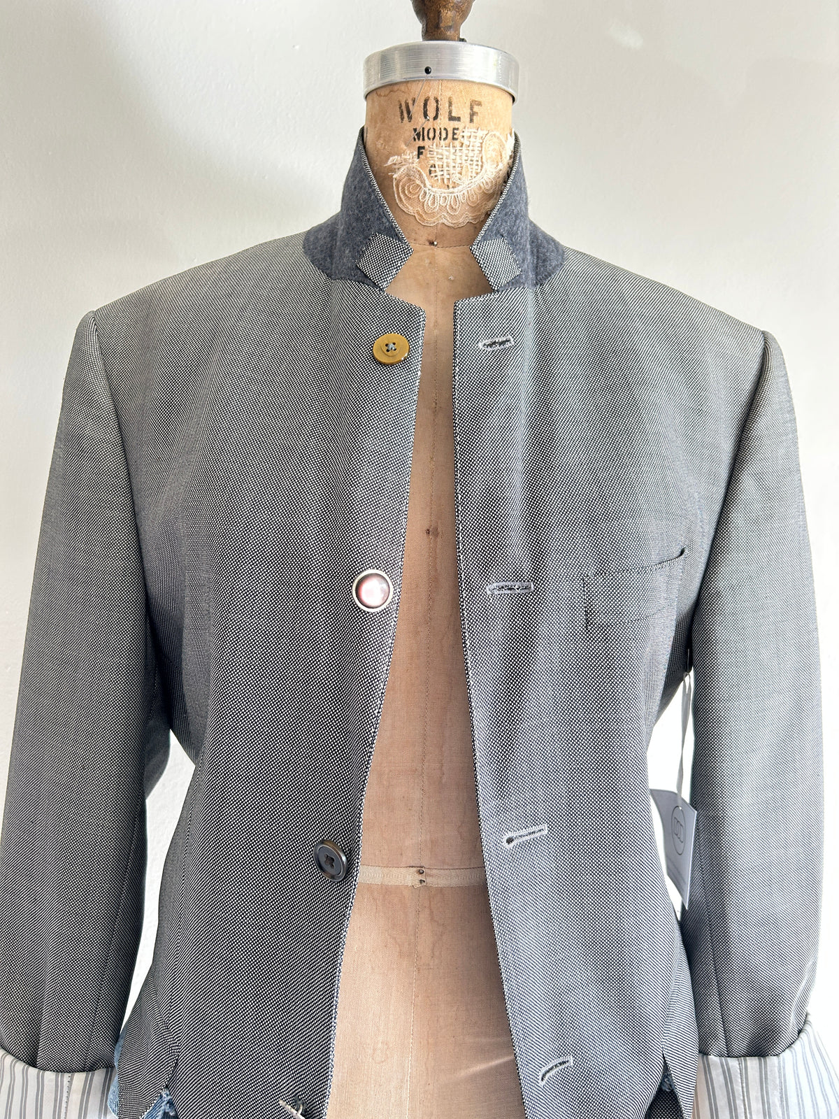 Cropped Upcycled Club Monaco Wool Blazer with Denim Belt Size M/L #BLAZML2