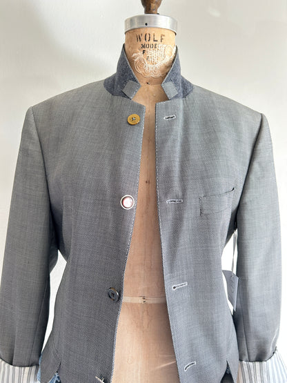 Cropped Upcycled Club Monaco Wool Blazer with Denim Belt Size M/L #BLAZML2