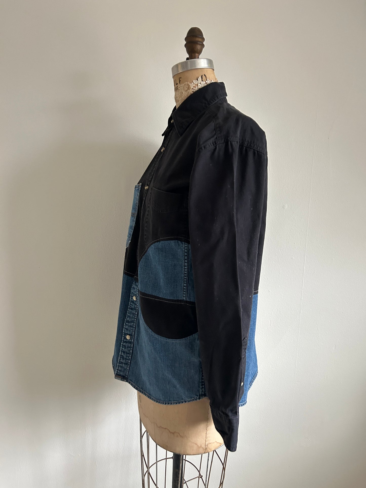Upcycled Modern Workwear Denim Shirt - Circle Series Size M/L #DBML6