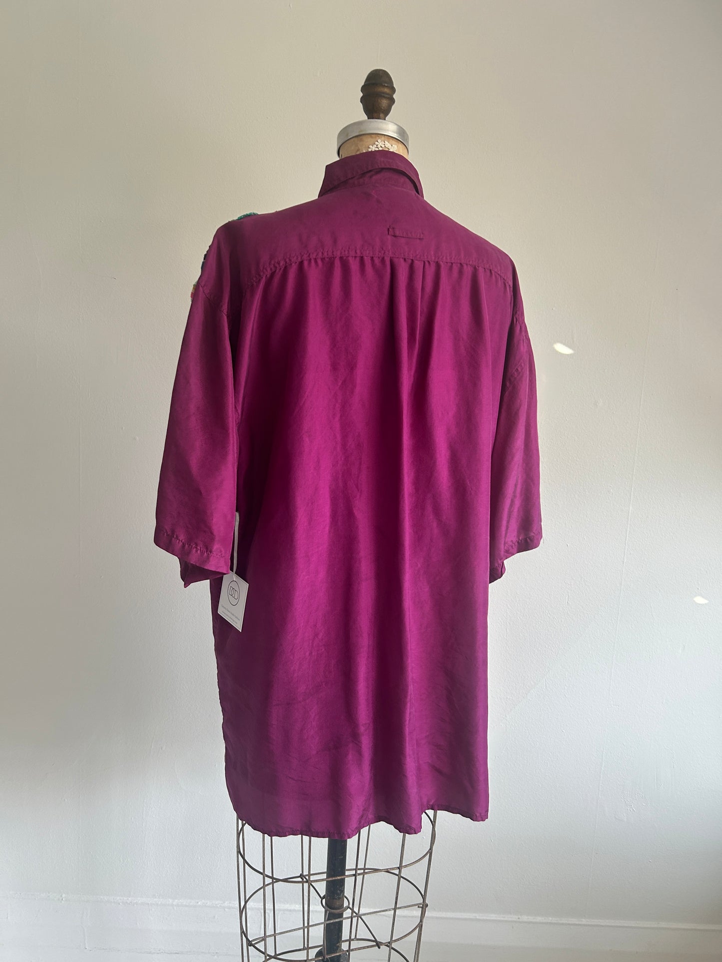 Vintage Silk Blouse with YoYo Quilt Appliqué Size XL #YOYO2