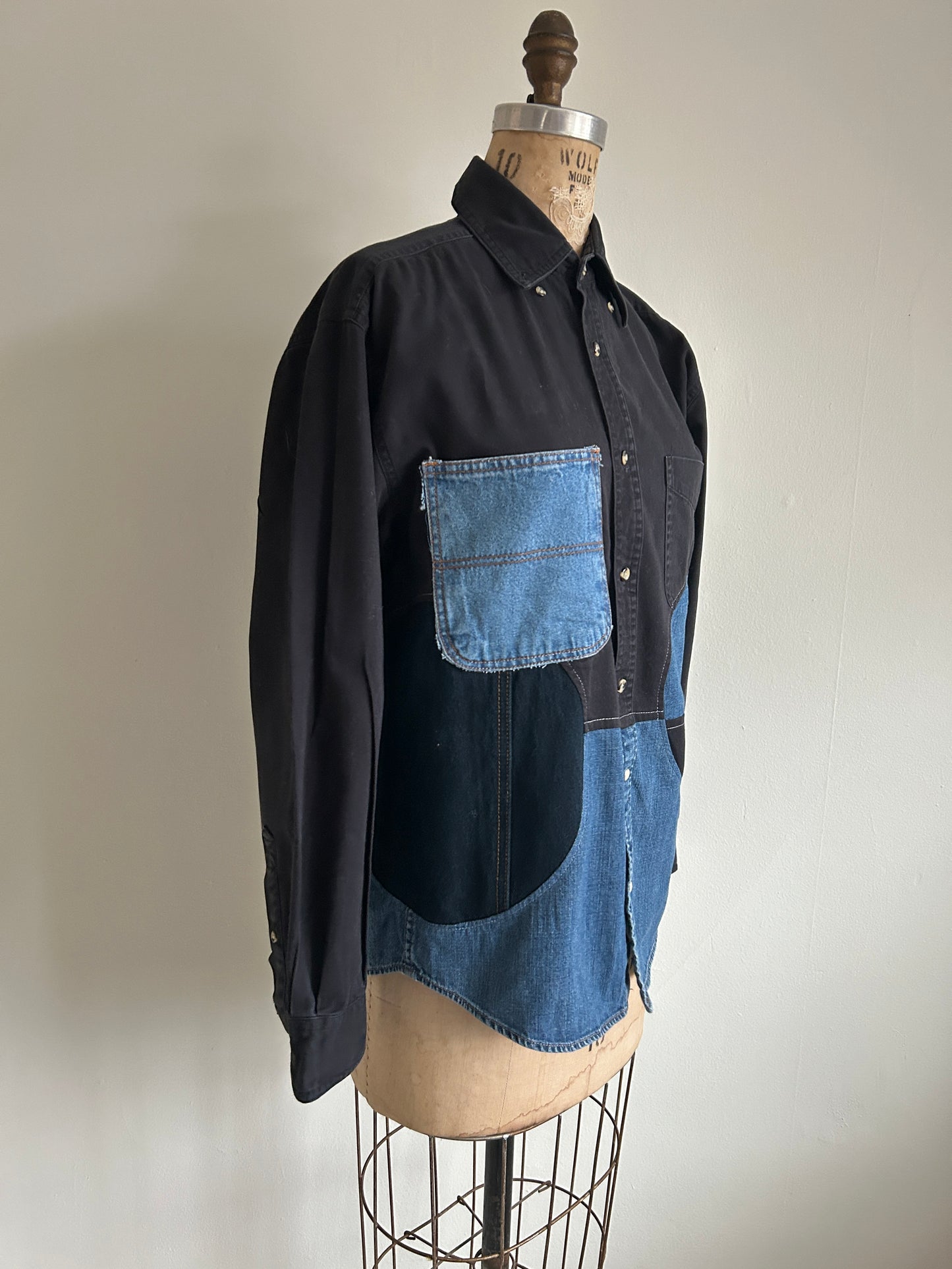 Upcycled Modern Workwear Denim Shirt - Circle Series Size M/L #DBML6