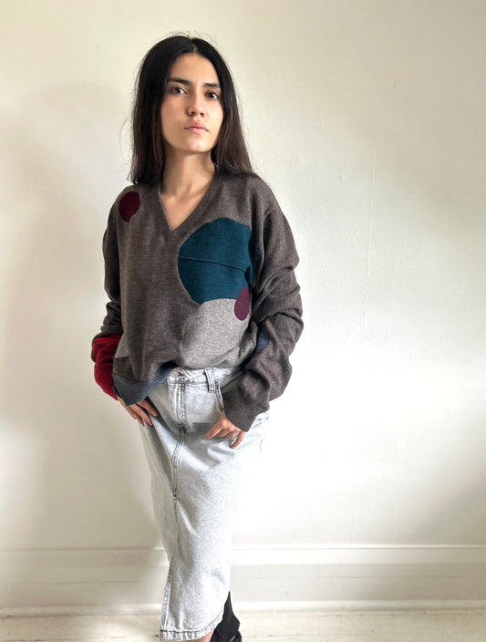 Abstract Art Patched Upcycled Cashmere Sweater 2X/3X #ART11