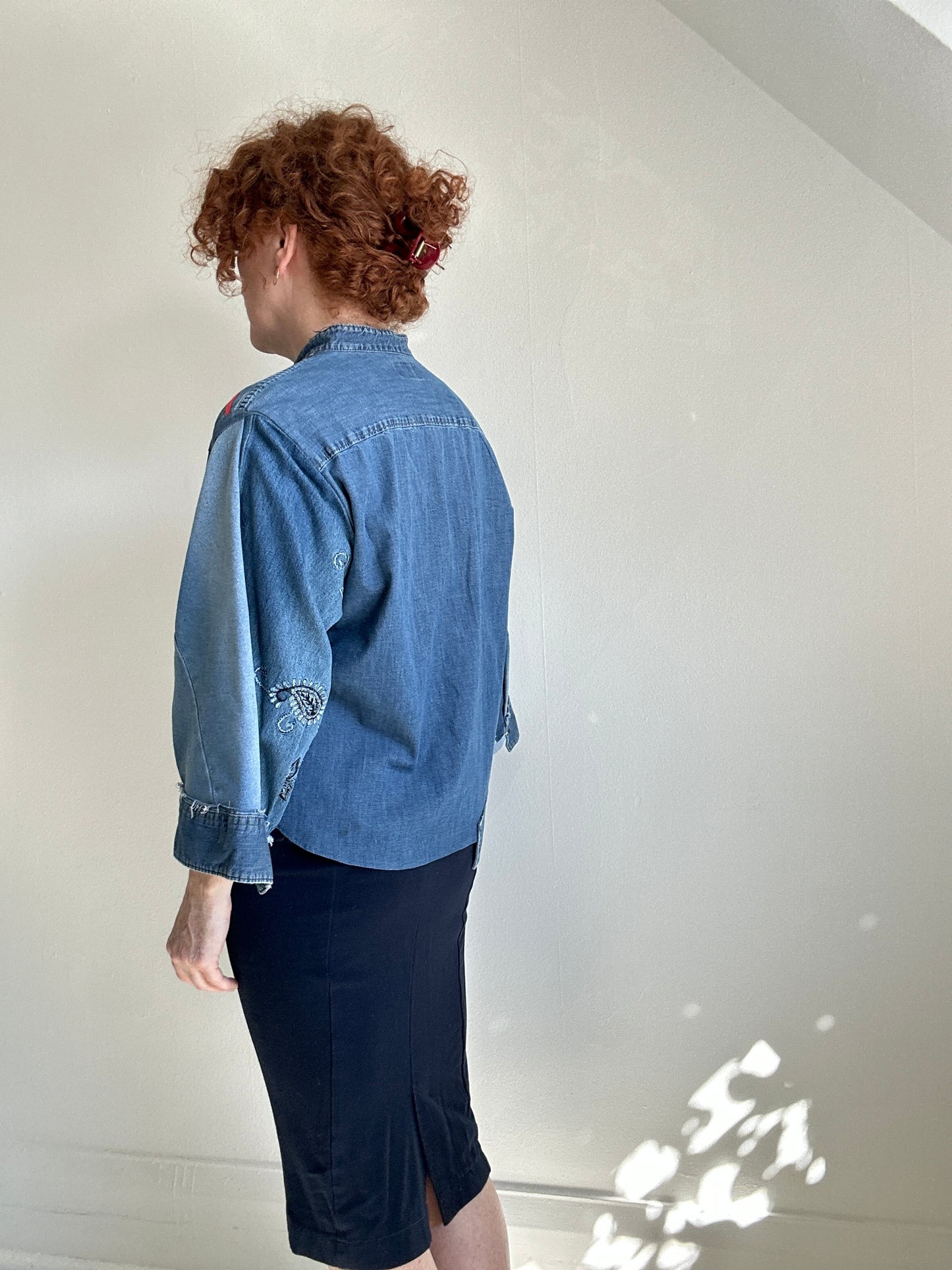 Ellis Reclaimed Patchwork Wrangler Denim Shirt with Handstitching & Hand Dyed Twill Ribbon XL/2X #ELL1