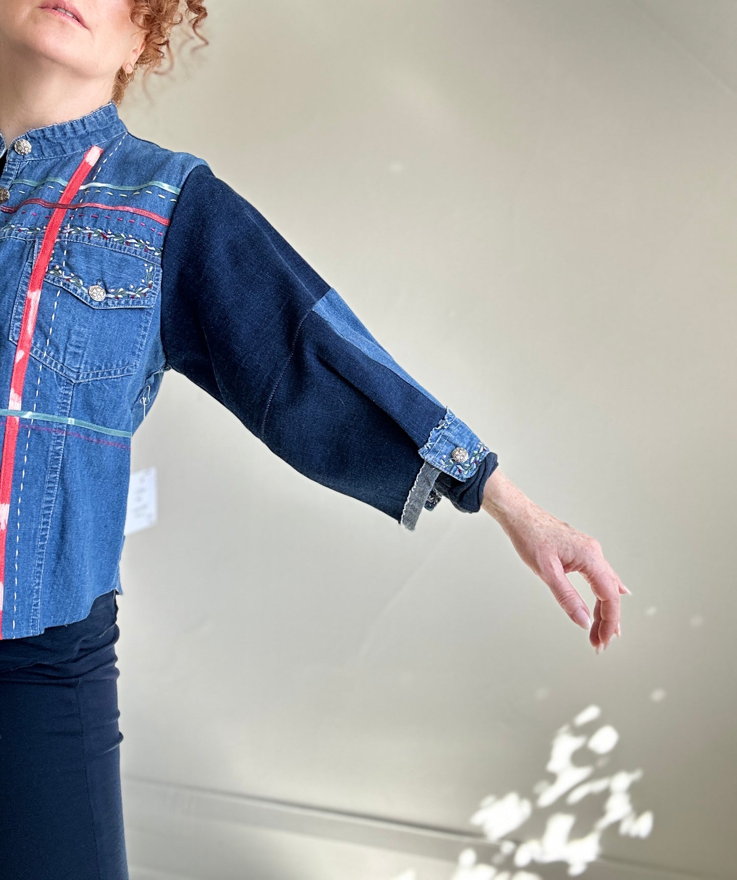 Ellis Reclaimed Patchwork Denim Shirt with Handstitching & Hand Dyed Twill Ribbon S/M #ELL16