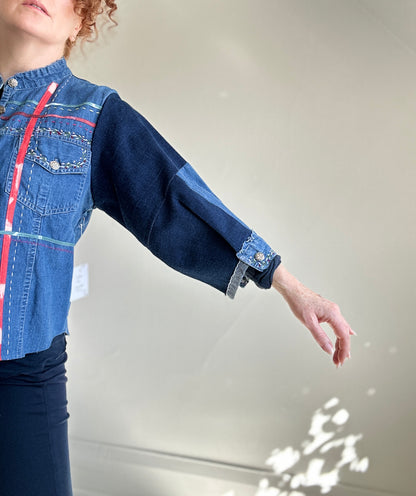 Ellis Reclaimed Patchwork Denim Shirt with Handstitching & Hand Dyed Twill Ribbon S/M #ELL16