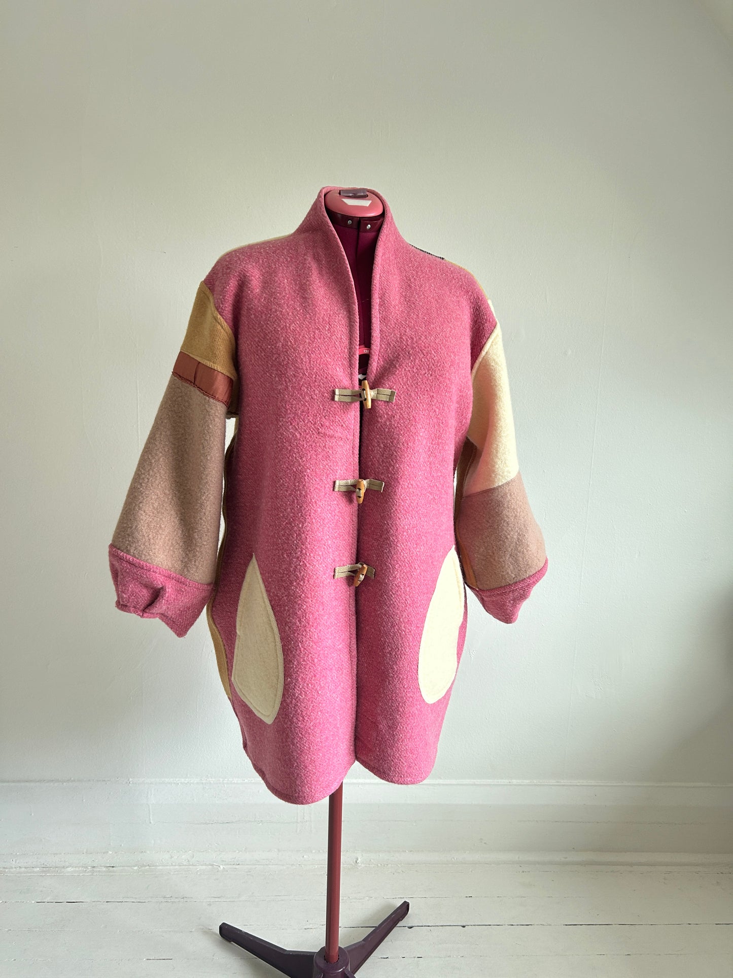 Vivianne Jacket with Upcycled Vintage Wool Patchwork & Leather & Wooden Toggles Size XL/2X #CVJWX2X56