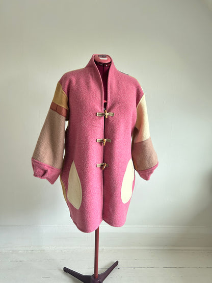 Vivianne Jacket with Upcycled Vintage Wool Patchwork & Leather & Wooden Toggles Size XL/2X #CVJWX2X56