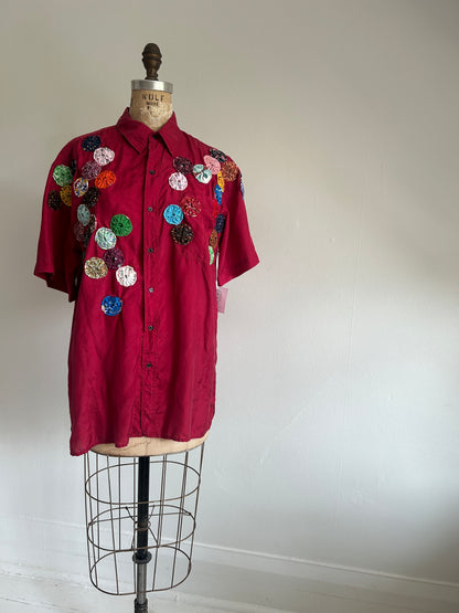 Vintage Silk Blouse with YoYo Quilt Appliqué Size M/L #YOYO3