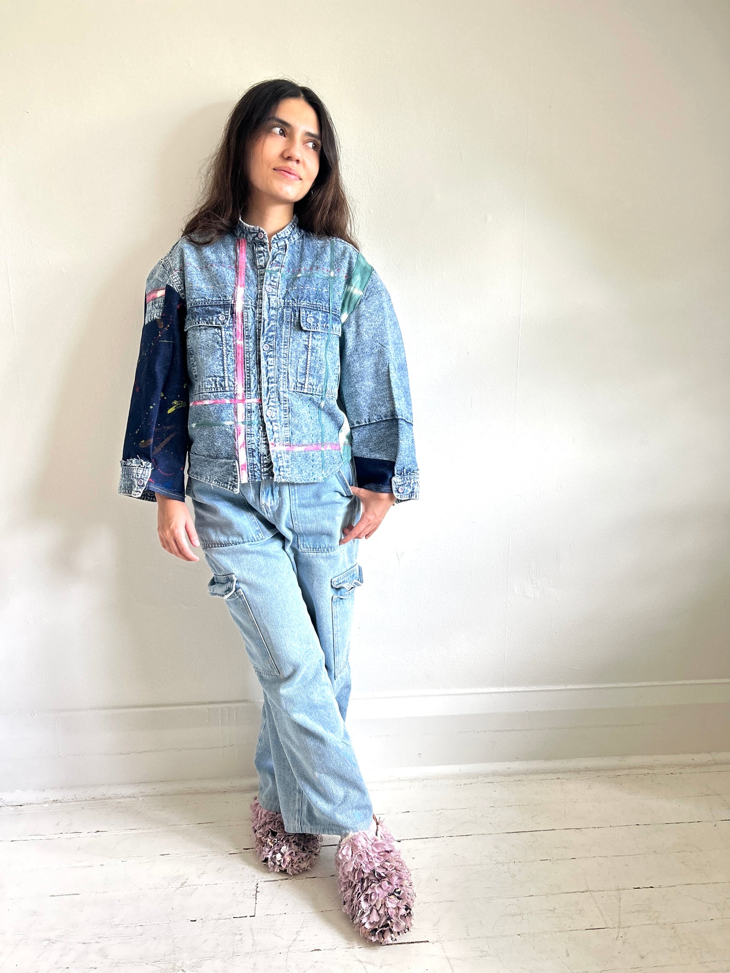 Ellis Reclaimed Patchwork Denim Shirt with Handstitching & Hand Dyed Twill Ribbon XS/S #ELL2
