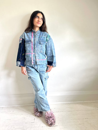 Ellis Reclaimed Patchwork Denim Shirt with Handstitching & Hand Dyed Twill Ribbon XS/S #ELL2