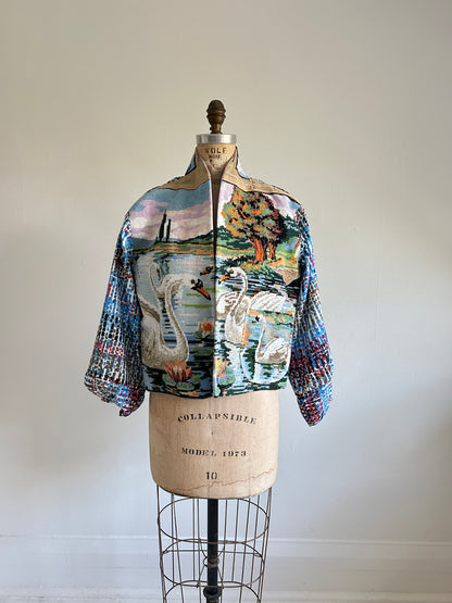 Vivianne Cropped Jacket with Vintage Needlepoint Swans Size M/L #VIVT21