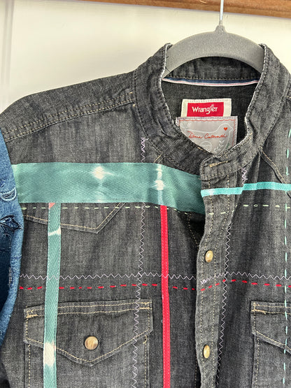 Ellis Reclaimed Patchwork Wrangler Denim Shirt with Handstitching & Hand Dyed Twill Ribbon M/L #ELL9
