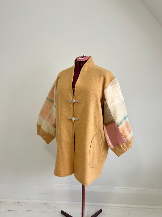 Vivianne Jacket with Upcycled Vintage Wool Patchworked Blanket & Leather & Wooden Toggles Size 2X/3X #CVJW23X27