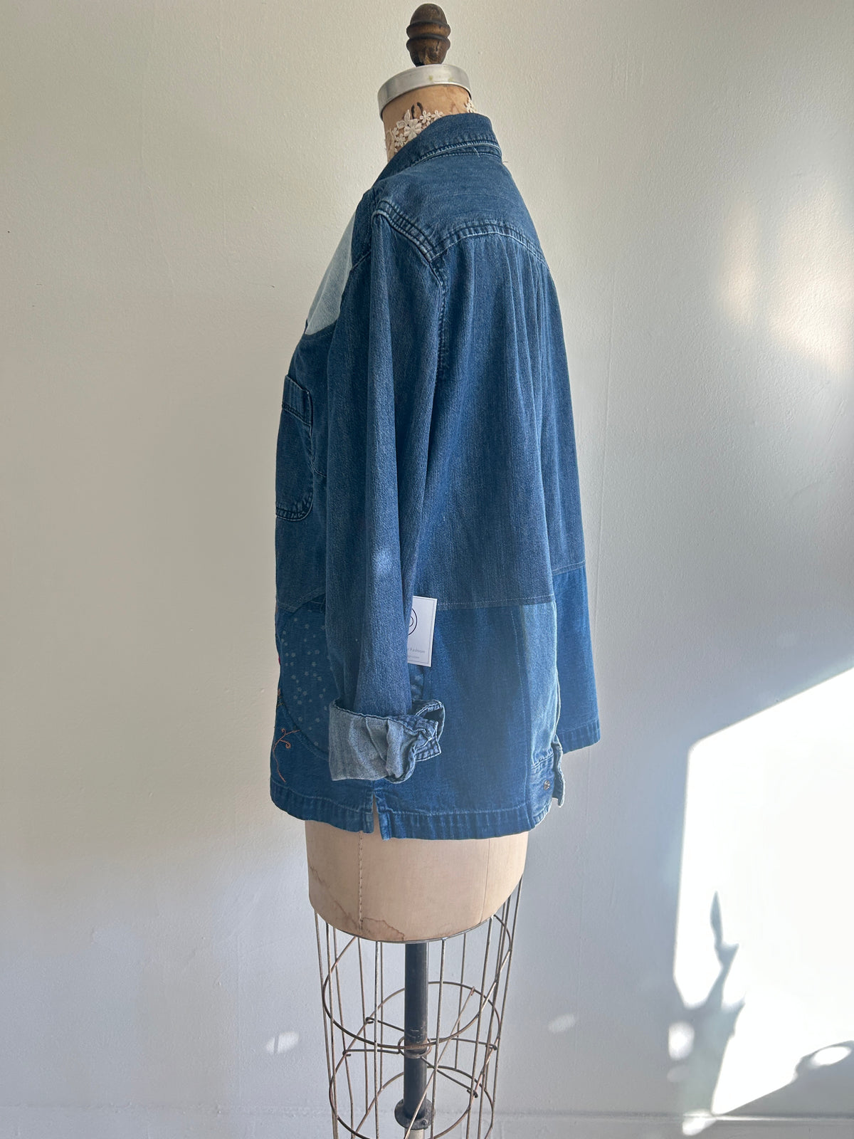 Upcycled Modern Workwear Denim Shirt - Circle Series Size L/XL #DENLXL1