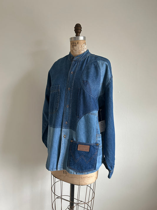 Upcycled Modern Workwear Wrangler Denim Shirt - Circle Series Size L/XL #DBML7