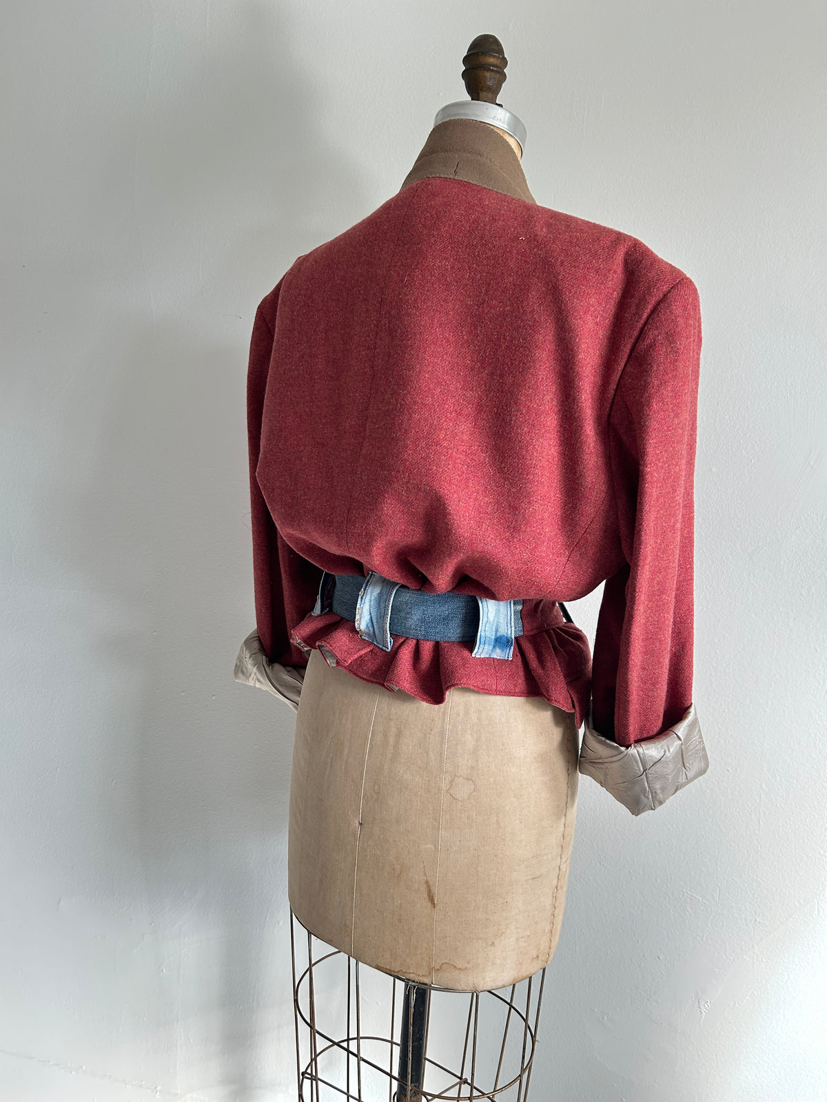 Cropped Upcycled Stafford LambsWool Blazer with Denim Belt Size L/XL #BLAZLXL3