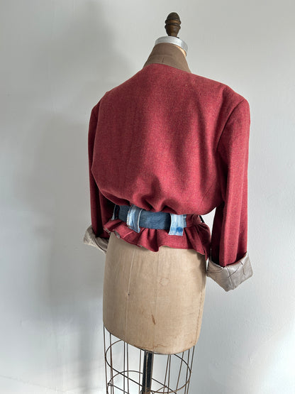 Cropped Upcycled Stafford LambsWool Blazer with Denim Belt Size L/XL #BLAZLXL3