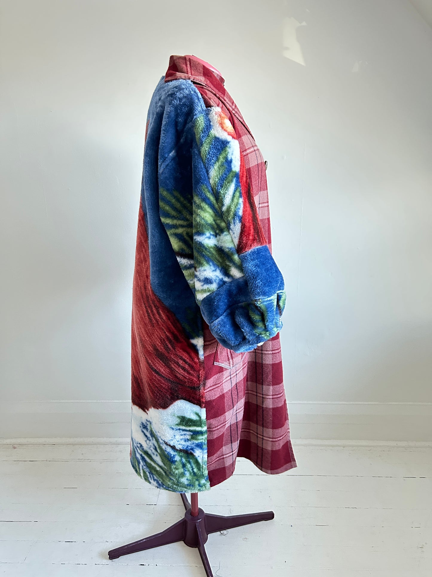 Vivianne Jacket with Upcycled Vintage & Fleece Wool Blanket & Leather & Wooden Toggles Cardinal Theme Size XL/2X #CVJWX2X48