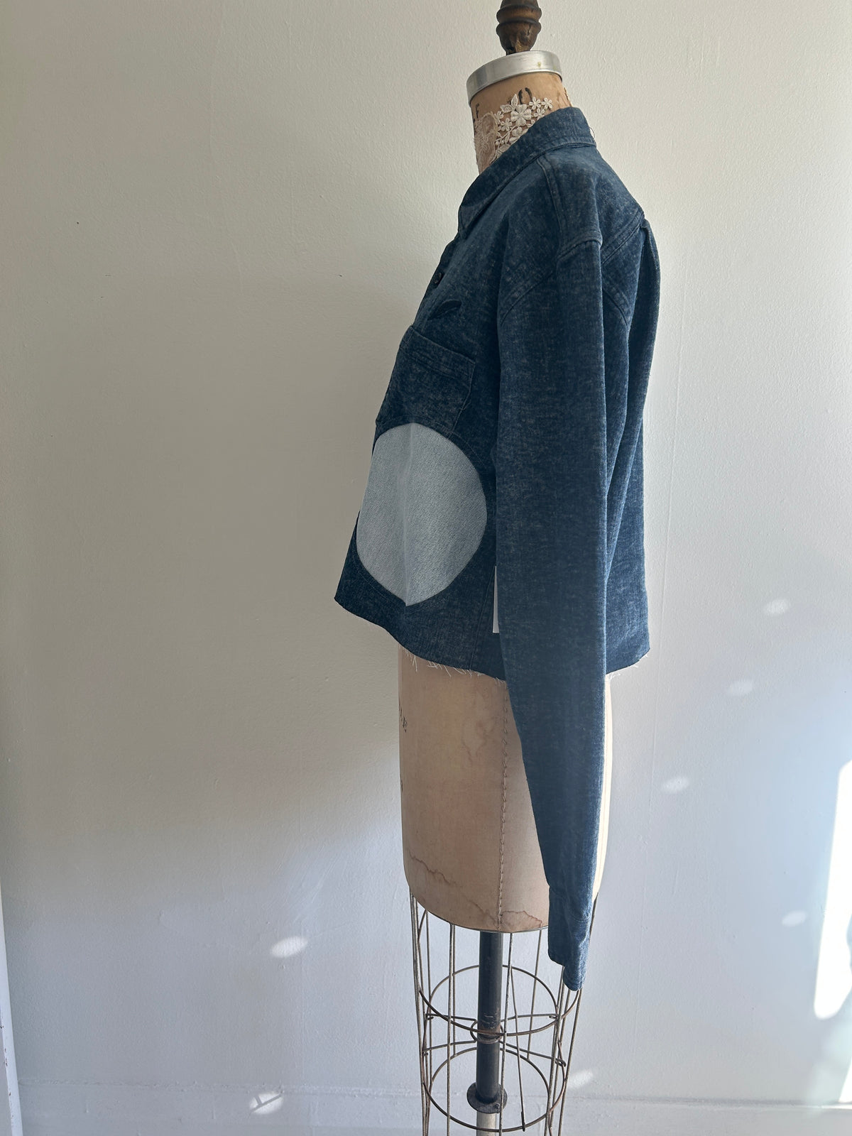 Upcycled Modern Workwear Cropped Denim Shirt - Circle Series Size L/XL #DENLXL2
