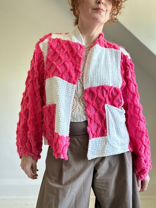 Vivianne Cropped Jacket with Checker board Upcycled Vintage Chenille Size XL/2X #VIVCH1