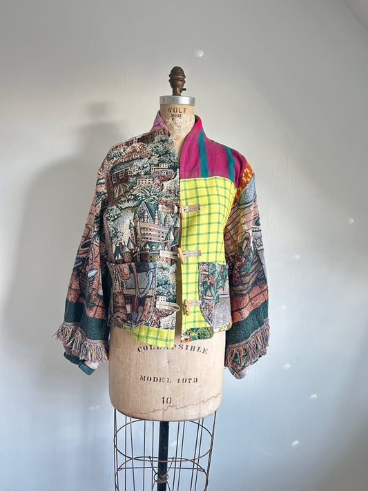 Vivianne Cropped Jacket with Upcycled Throw Blanket Patchwork Size M/L #CVCTML1
