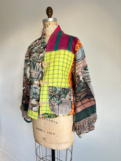 Vivianne Cropped Jacket with Upcycled Throw Blanket Patchwork Size M/L #CVCTML1
