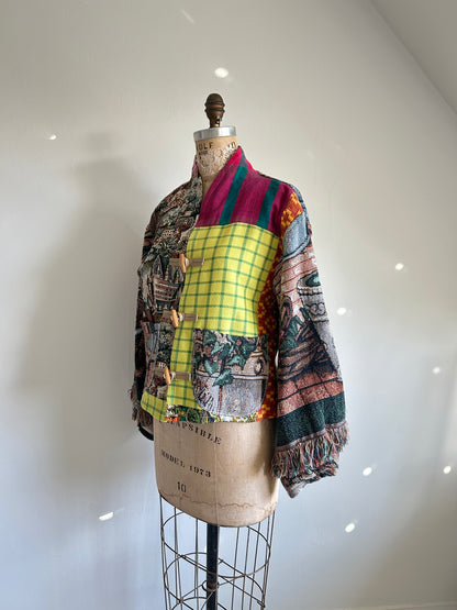 Vivianne Cropped Jacket with Upcycled Throw Blanket Patchwork Size M/L #CVCTML1