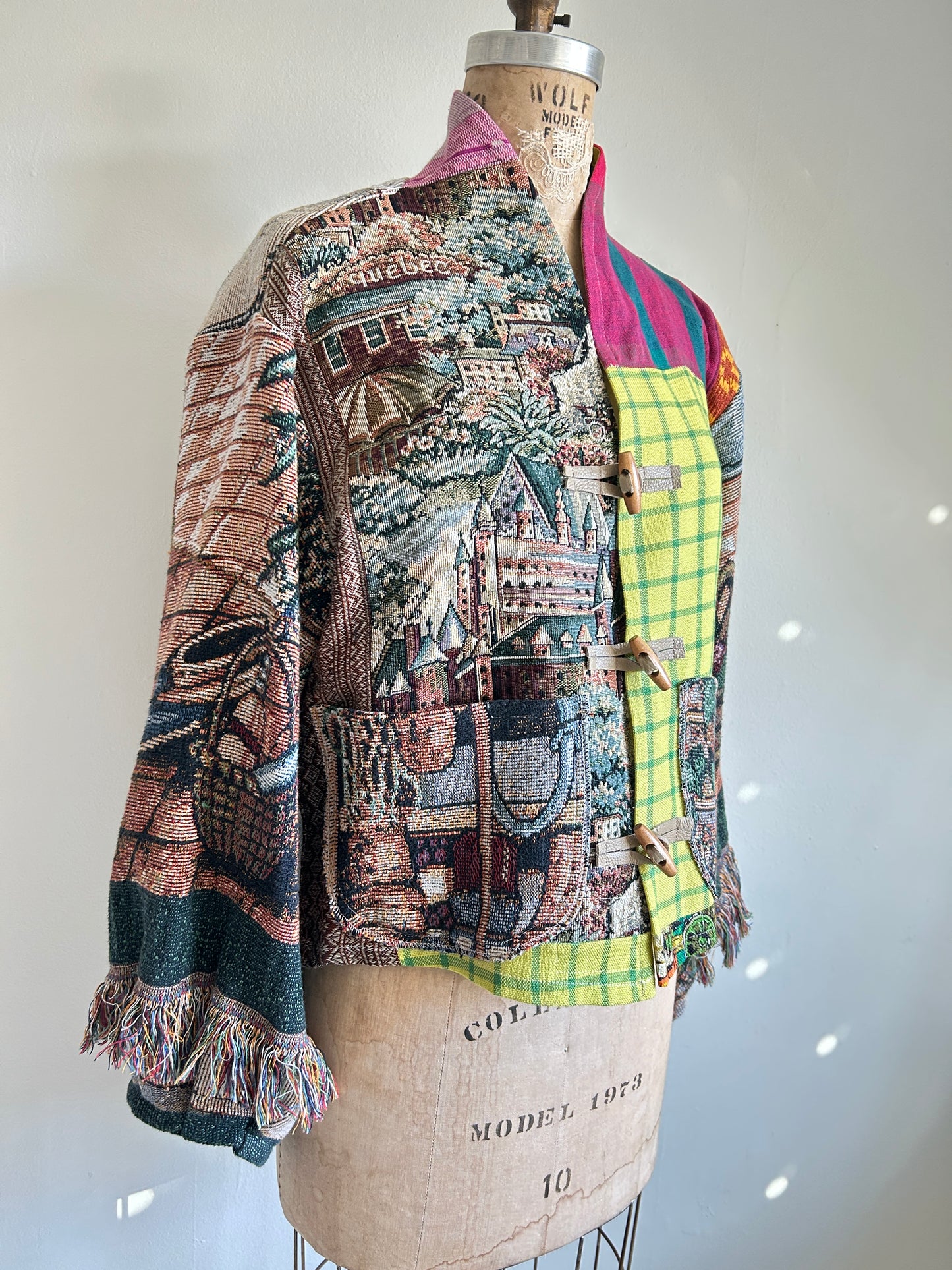 Vivianne Cropped Jacket with Upcycled Throw Blanket Patchwork Size M/L #CVCTML1