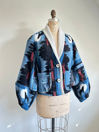 Vivianne Cropped Jacket with Upcycled Fleece Throw Blanket Wolf Size M/L #VIVFLE2